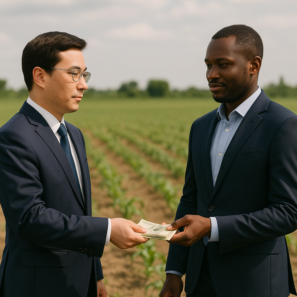 Un homme d’origine chinoise en costume remet de l’argent à un homme noir élégamment habillé dans un champ cultivé, représentant un partenariat d’investissement en Afrique