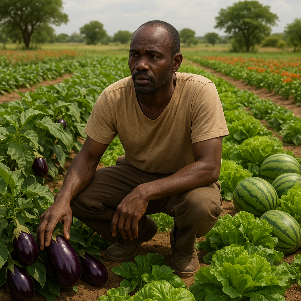 Un homme africain accroupi dans un champ cultivé, entouré de légumes variés comme des aubergines, laitues et pastèques, observant ses cultures avec attention sous un ciel légèrement nuageux.