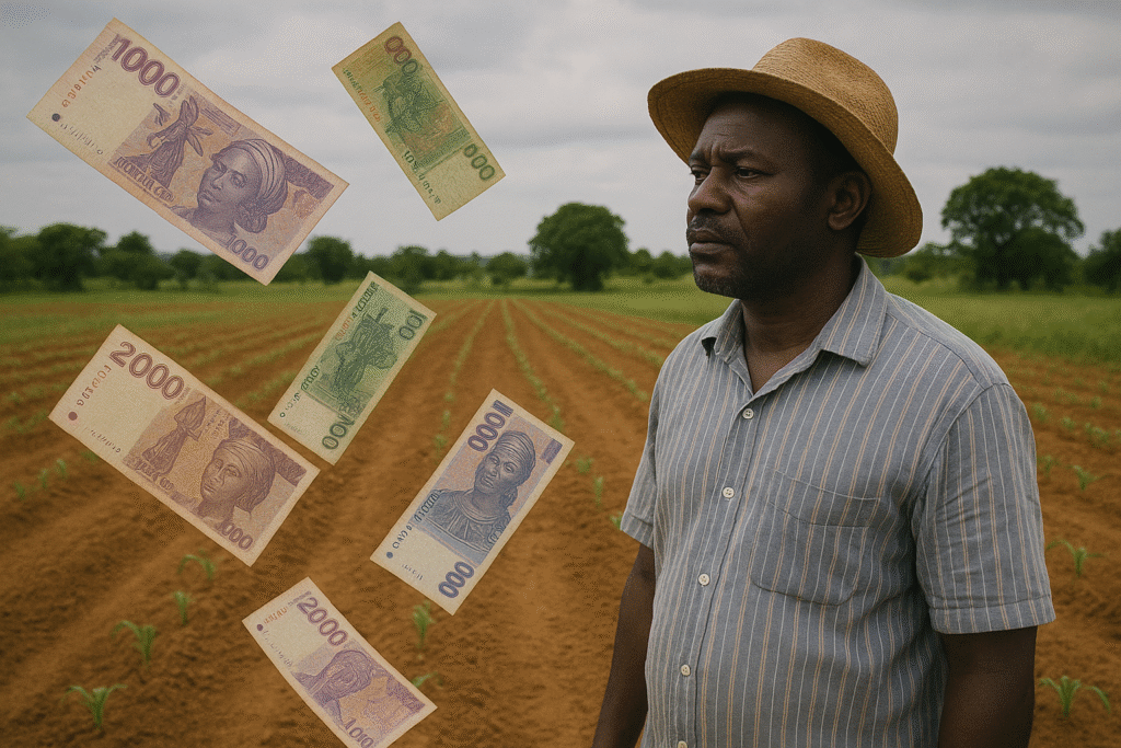 Agriculteur africain dans un champ avec des billets de franc CFA flottant autour de lui, illustrant la question de la richesse agricole et l’investissement de la diaspora.