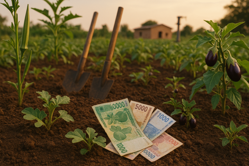 Des billets de francs CFA posés sur un sol agricole, entourés de jeunes plants de légumes comme le gombo, l’aubergine et la pastèque, avec en arrière-plan des outils de travail et un champ cultivé en Afrique.
