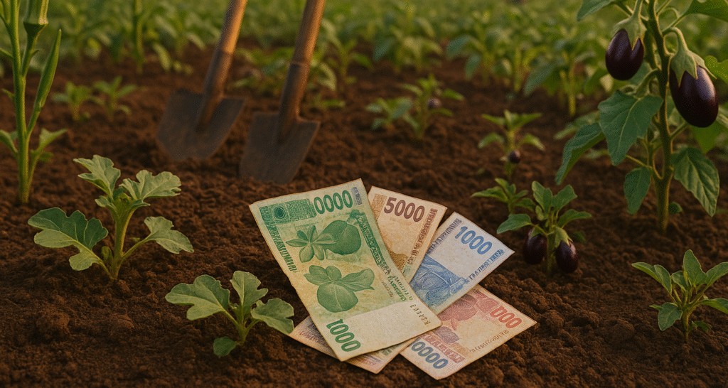 Des billets de francs CFA posés sur un sol agricole, entourés de jeunes plants de légumes comme le gombo, l’aubergine et la pastèque, avec en arrière-plan des outils de travail et un champ cultivé en Afrique.