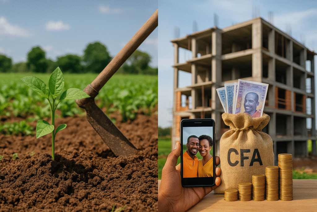 Image divisée en deux : à gauche, un plant vert pousse dans un champ bien entretenu avec une houe enfoncée dans la terre ; à droite, un immeuble en construction avec un sac marqué « CFA », rempli de billets de francs CFA et entouré de pièces dorées et d’un téléphone montrant un couple souriant. L’image illustre le contraste entre l’agriculture et l’immobilier pour un investisseur débutant.