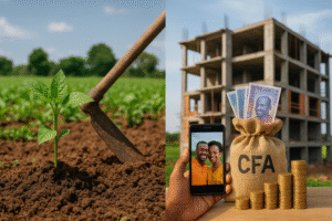 Image divisée en deux : à gauche, un plant vert pousse dans un champ bien entretenu avec une houe enfoncée dans la terre ; à droite, un immeuble en construction avec un sac marqué « CFA », rempli de billets de francs CFA et entouré de pièces dorées et d’un téléphone montrant un couple souriant. L’image illustre le contraste entre l’agriculture et l’immobilier pour un investisseur débutant.