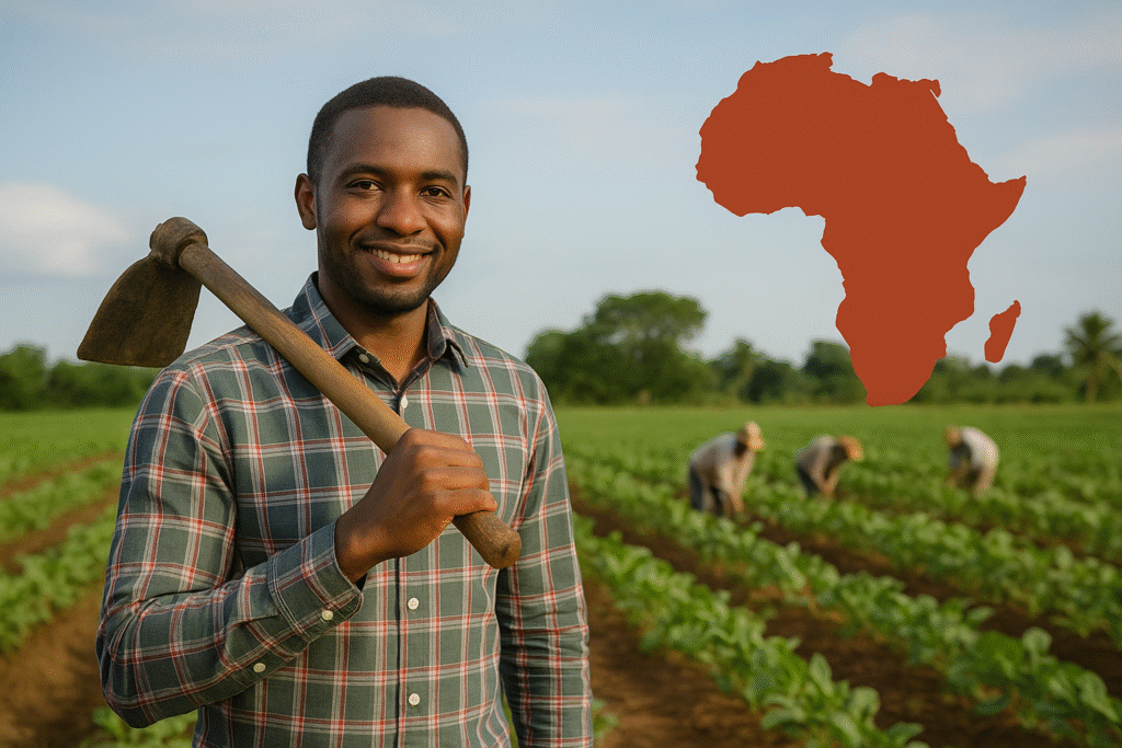 : Photo d’un jeune agriculteur africain souriant sans chapeau, dans un champ verdoyant, portant une belle chemise à carreaux et tenant une houe, avec des cultivateurs en arrière-plan et une carte de l’Afrique rouge terre dans le ciel.