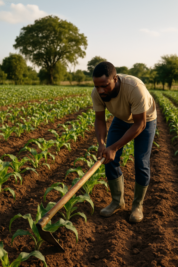 Jeune agriculteur africain cultivant un champ de maïs avec une houe, en pleine nature sous une lumière douce de fin de journée.