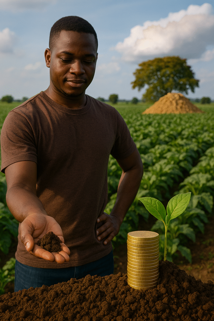 Un jeune homme africain dans un champ cultivé, tenant une poignée de terre et observant un petit plant poussé à côté d’une pile de pièces dorées. L’image illustre l’idée que démarrer petit en agriculture peut mener à une croissance durable et rentable.