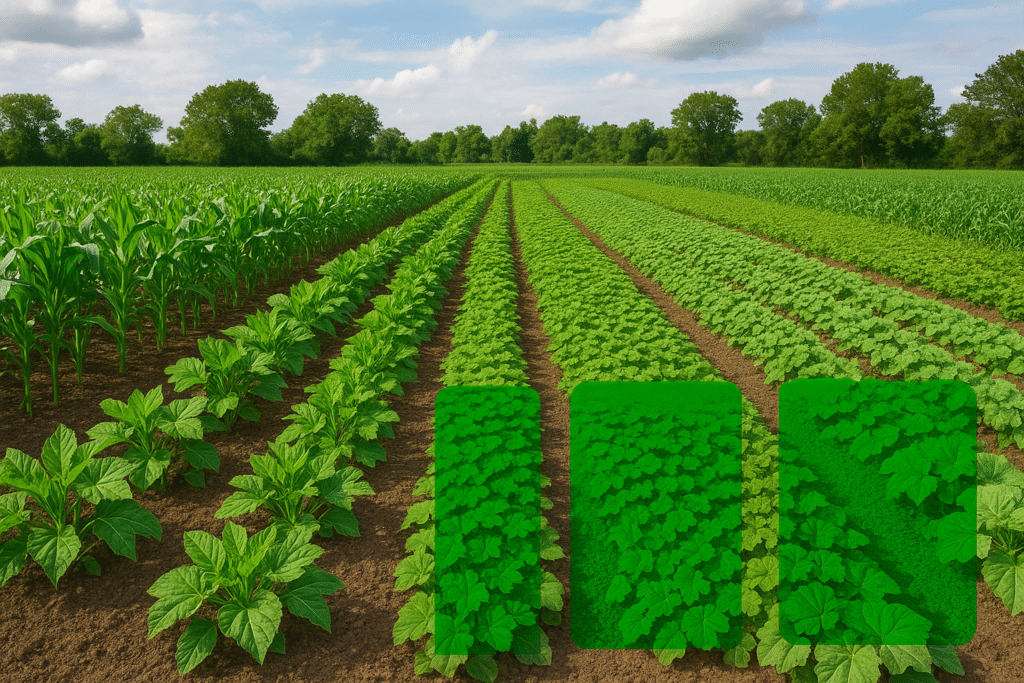 Champ agricole divisé en plusieurs sections, montrant des cultures variées comme le maïs, le gombo, l’arachide et le concombre, illustrant les bienfaits de la rotation des cultures pour éviter la monoculture.