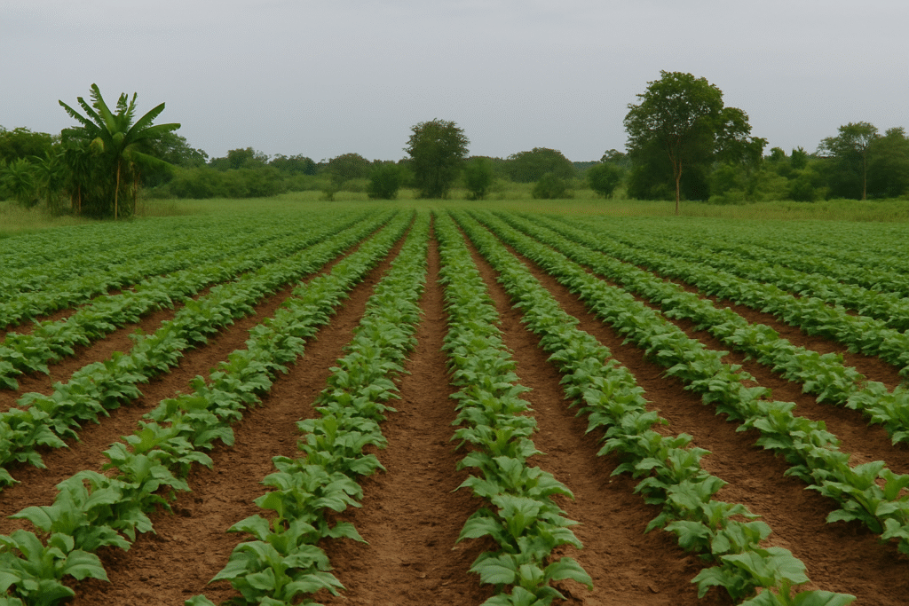 Champ agricole bien entretenu en Afrique avec des rangées de cultures alignées, représentant la délégation d’un projet agricole à distance.