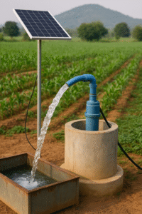 Forage agricole équipé d'une pompe submersible et d'un panneau solaire, arrosant un champ cultivé en Afrique