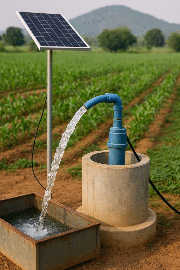 Forage agricole équipé d'une pompe submersible et d'un panneau solaire, arrosant un champ cultivé en Afrique