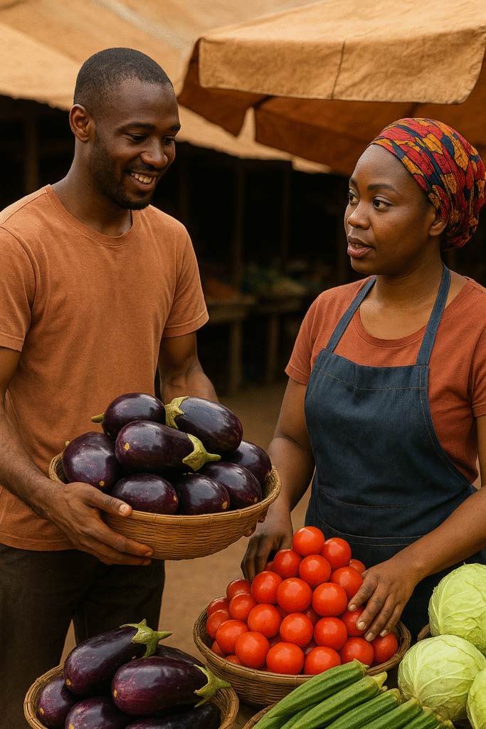 Un homme africain souriant sans chapeau présente un panier d’aubergines à une vendeuse au marché, entourée de tomates, gombos et choux, dans une scène vivante de marché en Afrique.