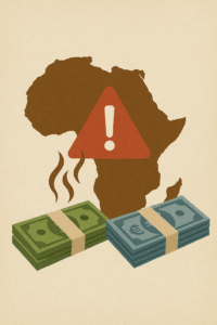 Carte de l'Afrique avec un panneau d’avertissement rouge, des liasses de billets en euros et en dollars qui fondent, symbolisant les pertes financières de la diaspora en cas d’investissement sans préparation.