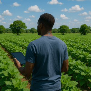 Un homme vu de dos, debout dans un champ vert luxuriant, tenant une tablette et observant les cultures, sous un ciel bleu parsemé de nuages. L’image symbolise la diaspora qui envisage d’investir dans l’agriculture en Afrique.
