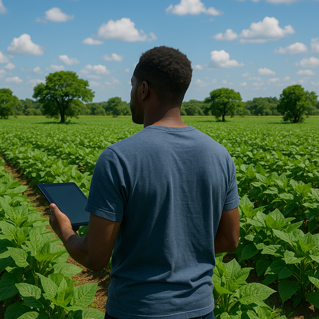 Un homme vu de dos, debout dans un champ vert luxuriant, tenant une tablette et observant les cultures, sous un ciel bleu parsemé de nuages. L’image symbolise la diaspora qui envisage d’investir dans l’agriculture en Afrique.