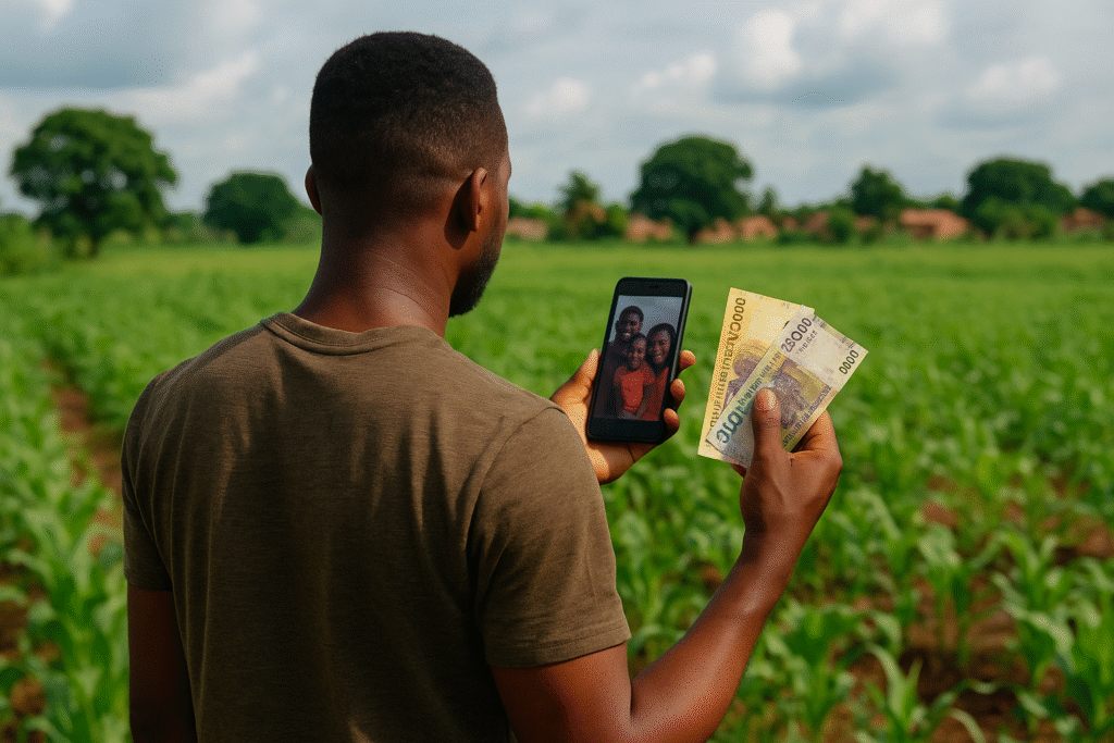 Un homme noir vu de dos, debout dans un champ vert en afrique, tenant un smartphone affichant une photo de famille et des billets de francs CFA (5 000 et 10 000) dans l’autre main. L’image évoque l’investissement à distance, les liens familiaux et les risques financiers.