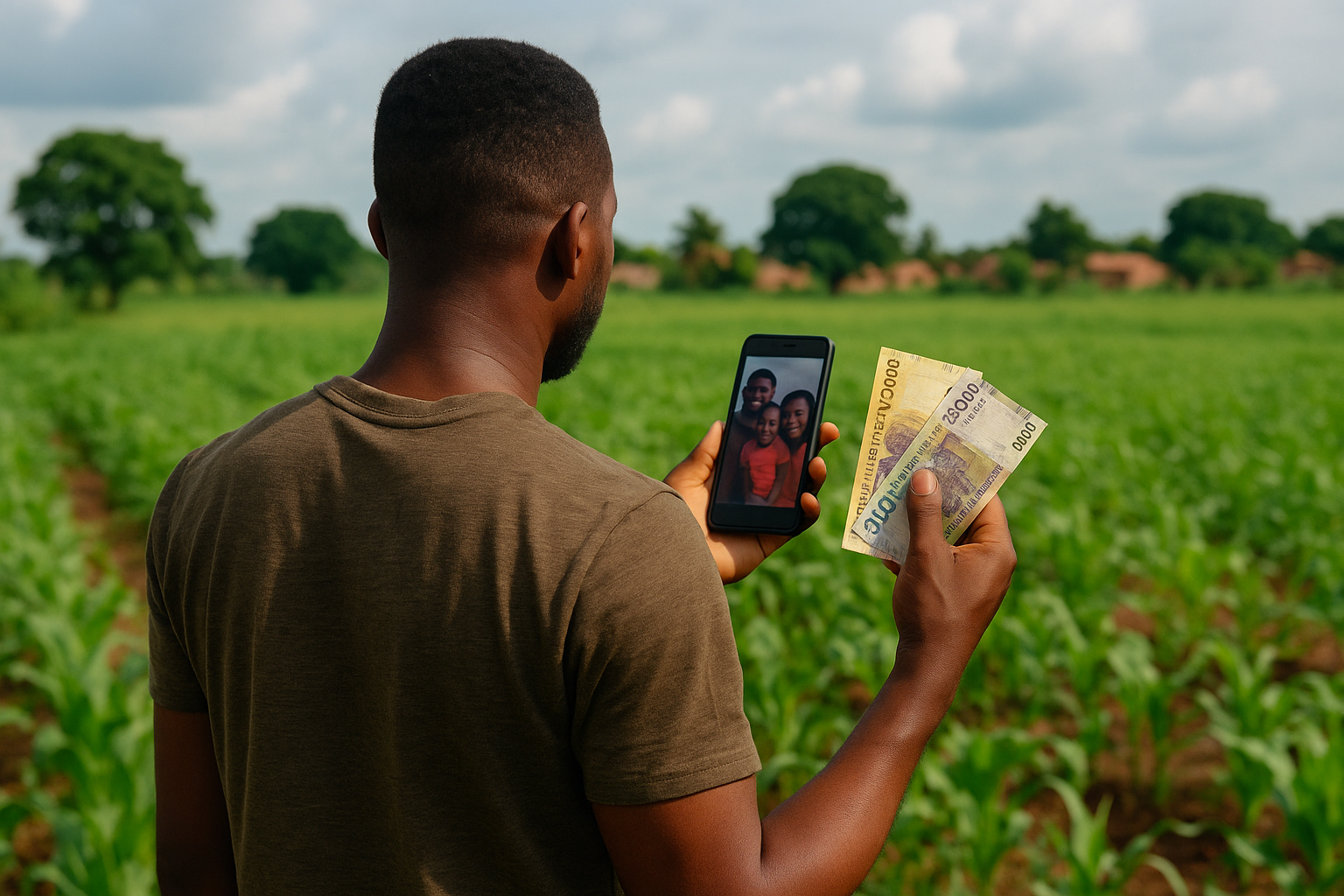 Un homme noir vu de dos, debout dans un champ vert en afrique, tenant un smartphone affichant une photo de famille et des billets de francs CFA (5 000 et 10 000) dans l’autre main. L’image évoque l’investissement à distance, les liens familiaux et les risques financiers.