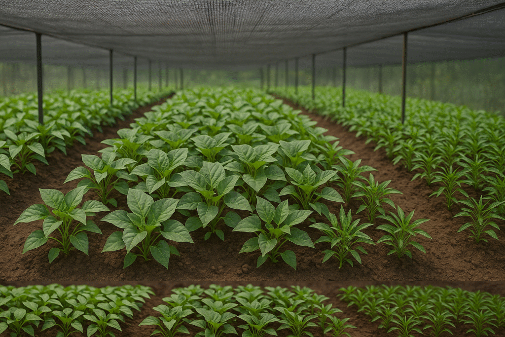 Pépinière couverte avec trois rangées distinctes de jeunes plants : poivron à gauche, aubergine au centre et piment à droite, cultivés sous filet d’ombrage sur un sol bien préparé
