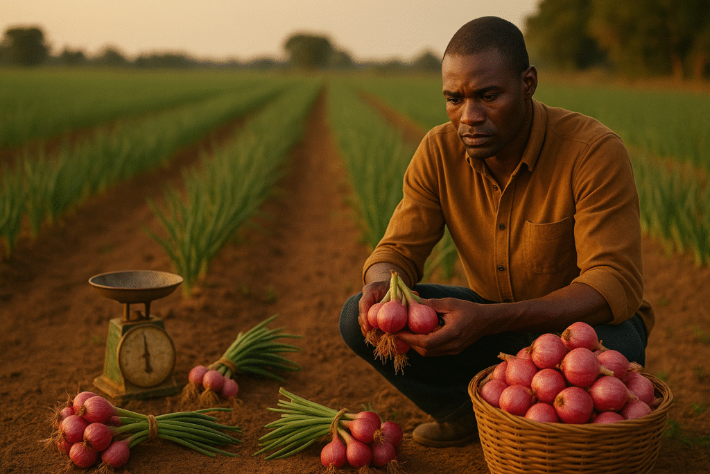 Un agriculteur africain en train de récolter des oignons dans un champ, avec une balance rouillée au sol, un panier plein d’oignons rouges, et des bottes d’oignons posées sur la terre au coucher du soleil.