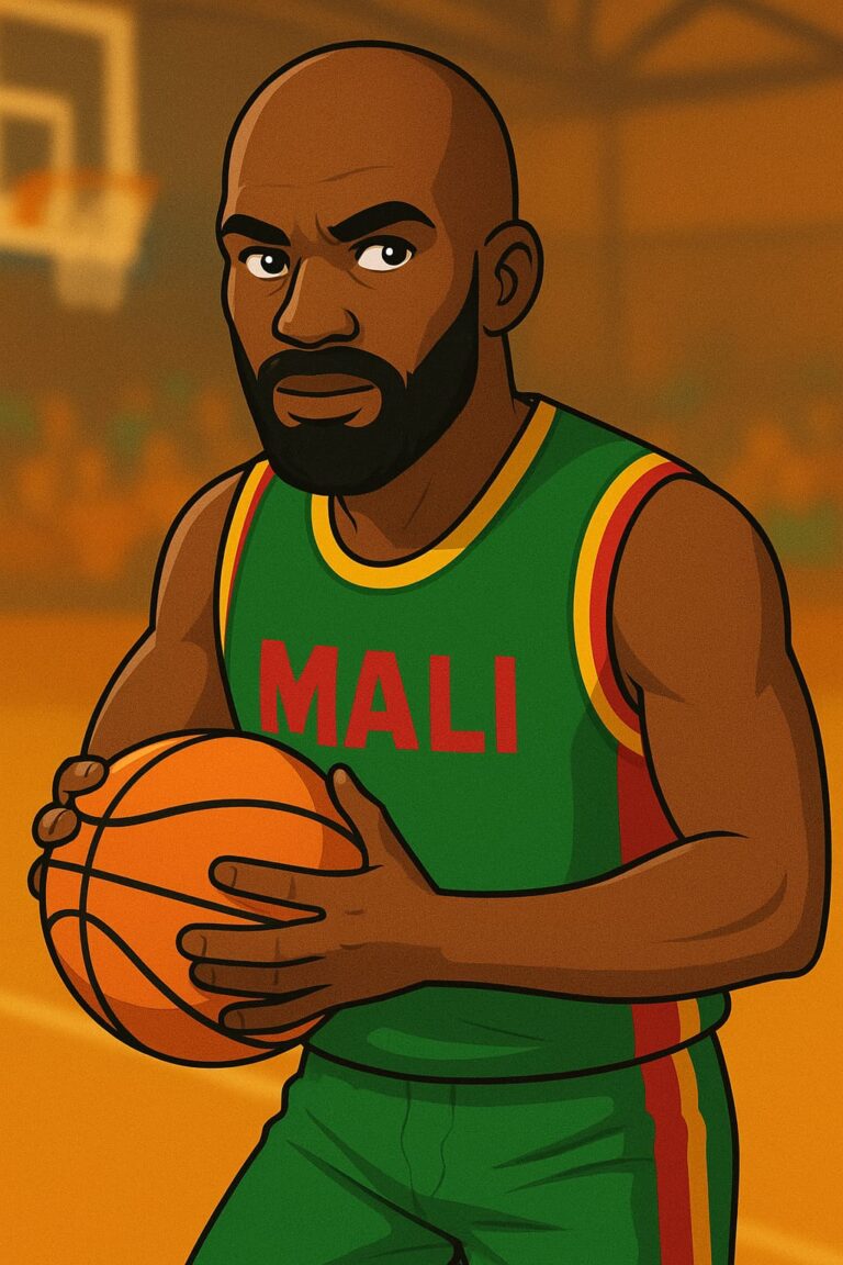 Illustration d’un joueur de basketball malien en tenue verte tenant un ballon