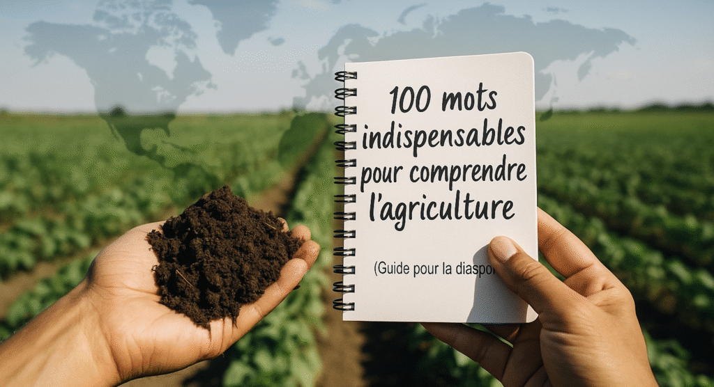 Main tenant de la terre fertile au premier plan avec un champ cultivé en arrière-plan, symbole d’agriculture et de diaspor
