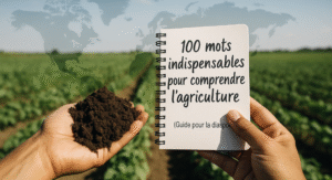 Main tenant de la terre fertile au premier plan avec un champ cultivé en arrière-plan, symbole d’agriculture et de diaspor