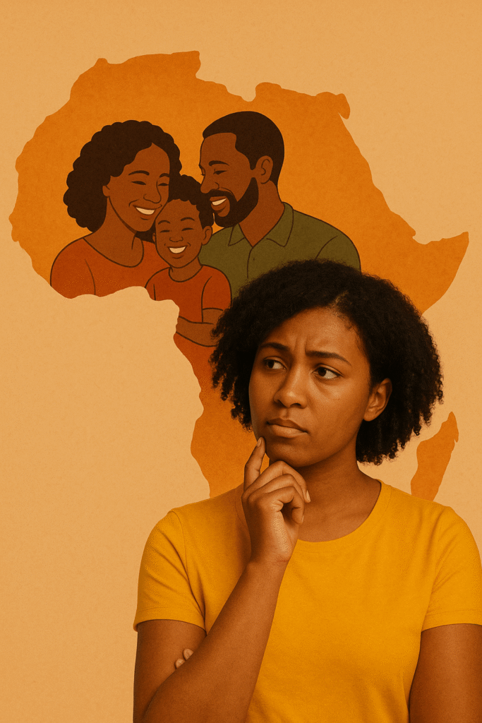 Jeune femme noire songeant à rentrer en Afrique pour voir sa famille, entourée par une carte orange du continent africain.