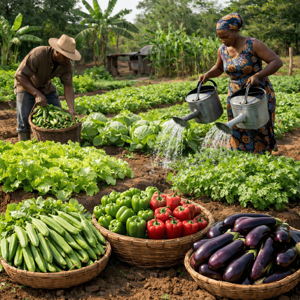 Cultures à cycle court en Afrique avec gombo, piment, poivron, aubergine, chou et salade dans une parcelle maraîchère