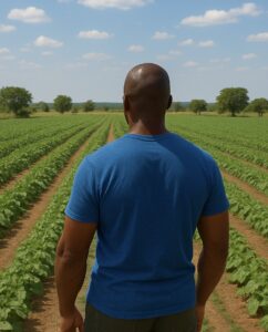 Un homme africain observant un champ cultivé, symbole d’investissement agricole