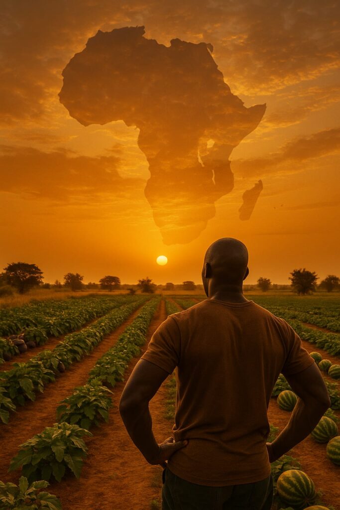 Homme noir devant un champ et une carte de l’Afrique au coucher du soleil – symbole d’agriculture et de racines.