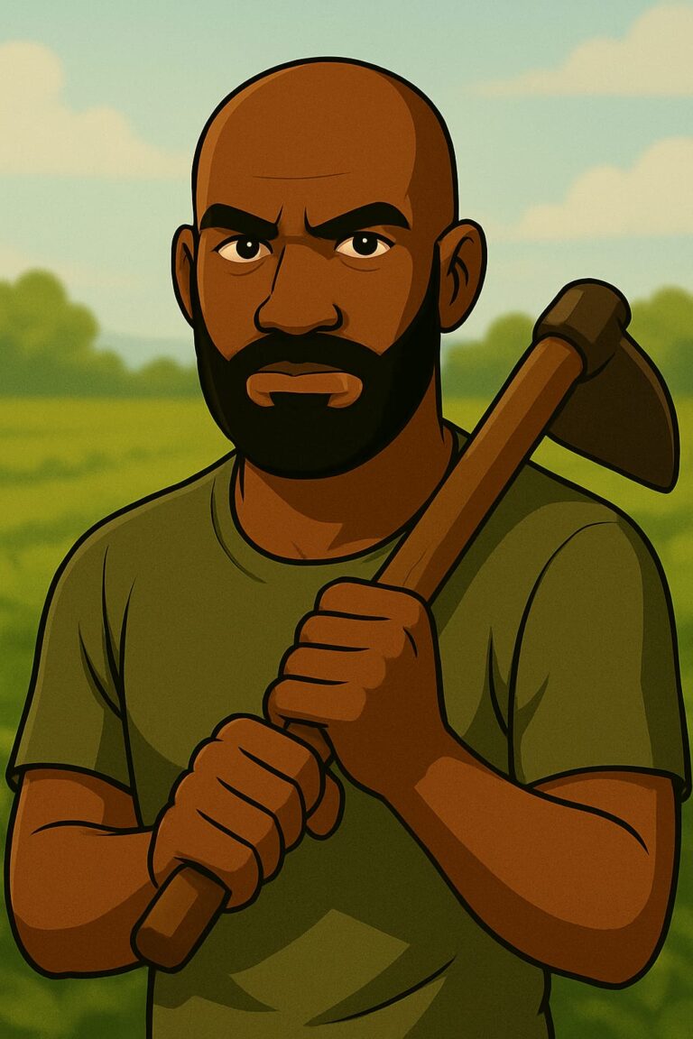 Illustration d’un agriculteur africain tenant une houe dans un champ