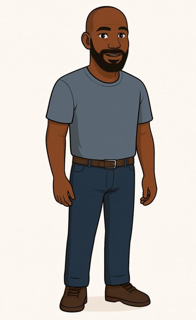 Illustration d’un homme africain debout, vêtu d’un t-shirt gris et d’un pantalon bleu