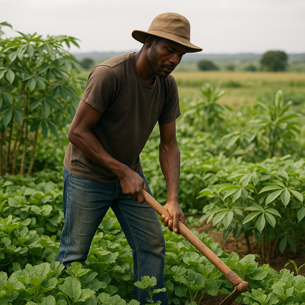 Agriculteur africain travaillant avec une houe dans un champ de cultures vivrières, entouré de manioc et de légumes-feuilles sous un ciel nuageux.
