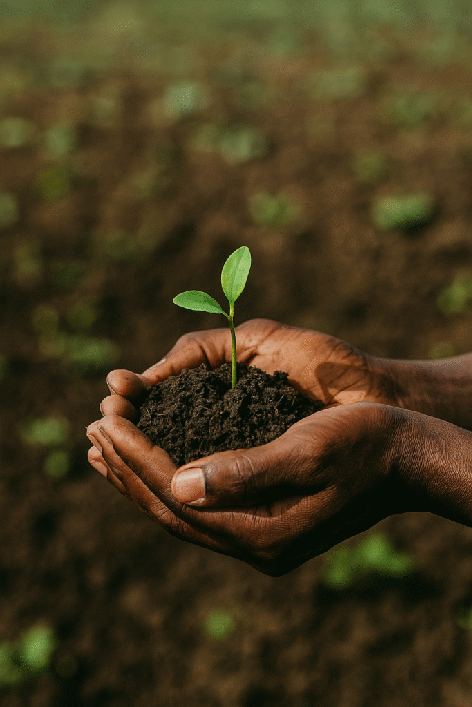 Deux mains noires tenant de la terre fertile avec une jeune pousse verte, sur fond de champ cultivé flou.