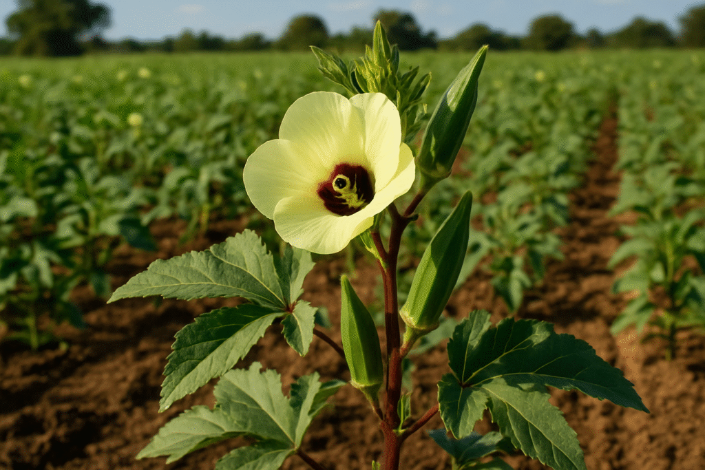 Photo dâun champ de gombo montrant une fleur jaune pĂąle avec un cĆur pourpre, entourĂ©e de jeunes gousses vertes et de feuilles larges, symbolisant une culture en pleine croissance.