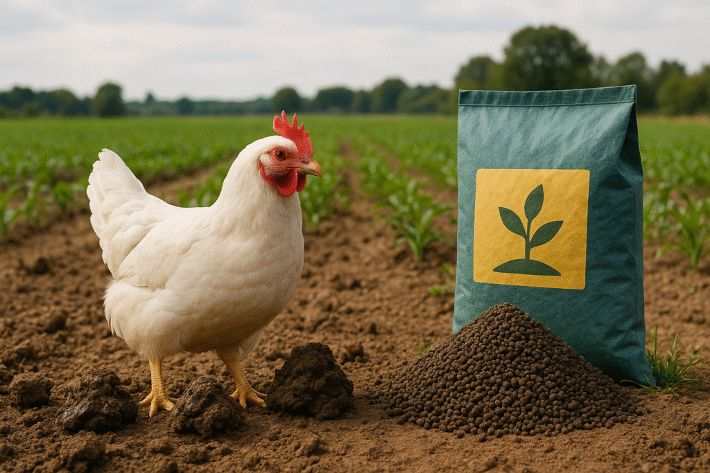 Photographie réaliste dans un champ cultivé, montrant une poule blanche debout à côté de tas de fientes sur un sol labouré, avec un sac d’engrais chimique et des granulés posés au sol, en arrière-plan des rangées de jeunes plants.