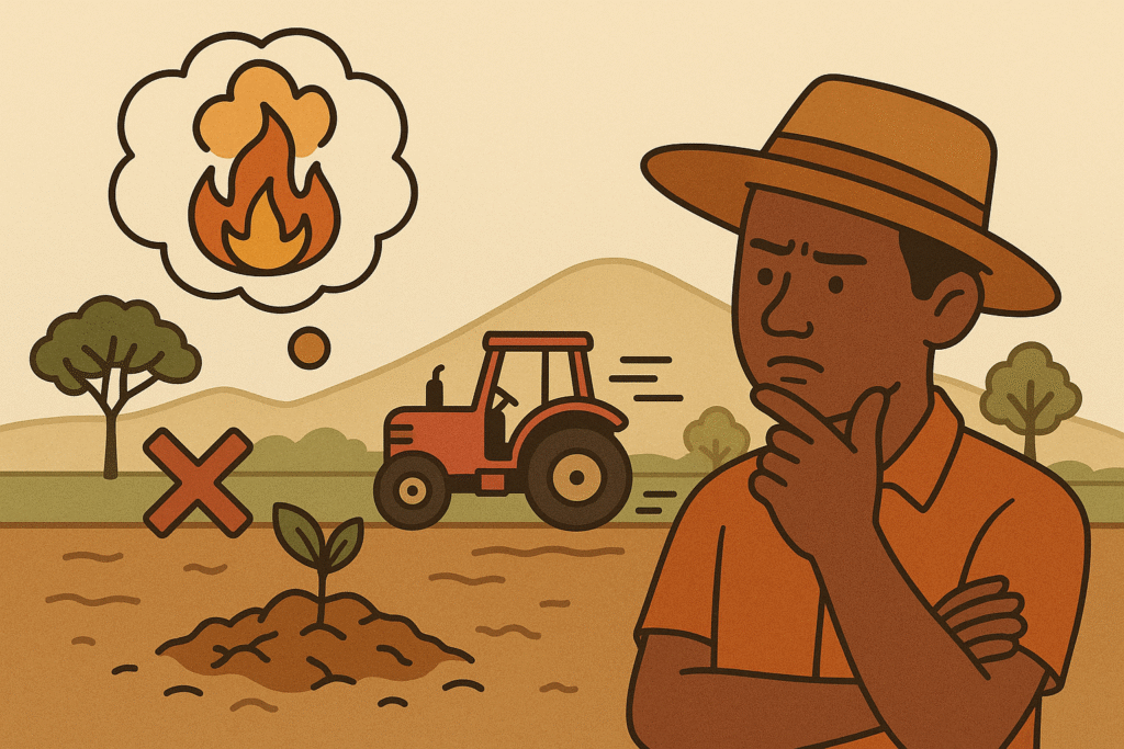 Illustration d’un agriculteur africain préoccupé observant une jeune plante en difficulté, avec un tracteur en mouvement et une bulle de pensée contenant une flamme, symbolisant les erreurs liées au lancement trop rapide de projets
