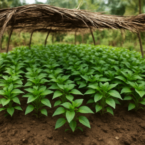 Pépinière couverte en Afrique – jeunes plants en croissance protégés avant la mise en champ.