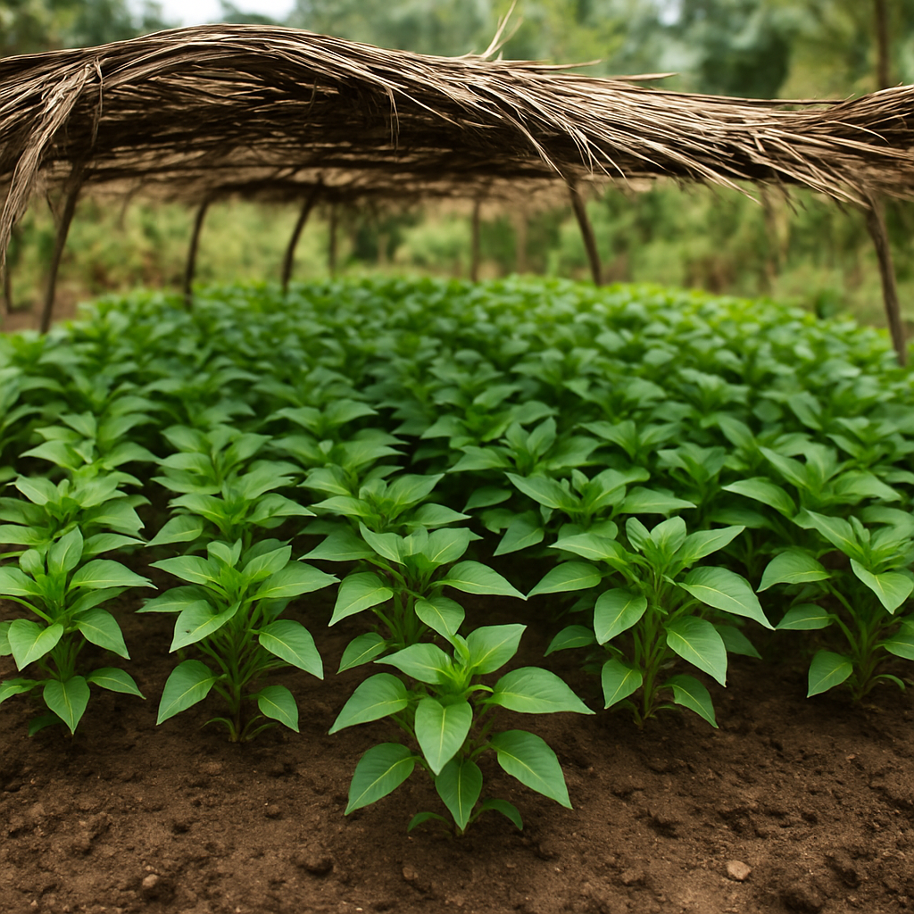 Pépinière couverte en Afrique – jeunes plants en croissance protégés avant la mise en champ.