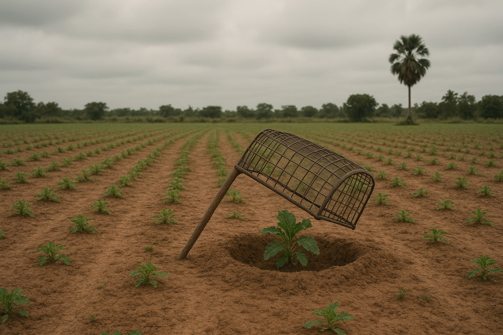 Champ cultivé avec une jeune plante isolée sous un piège en fer rouillé, dans un sol rouge bien aligné, sous un ciel nuageux avec palmiers et haies en arrière-plan.