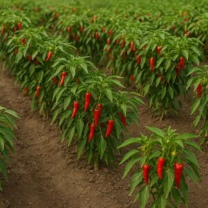 Plantation de piments rouges et verts en Afrique, rangées alignées sur un sol fertile