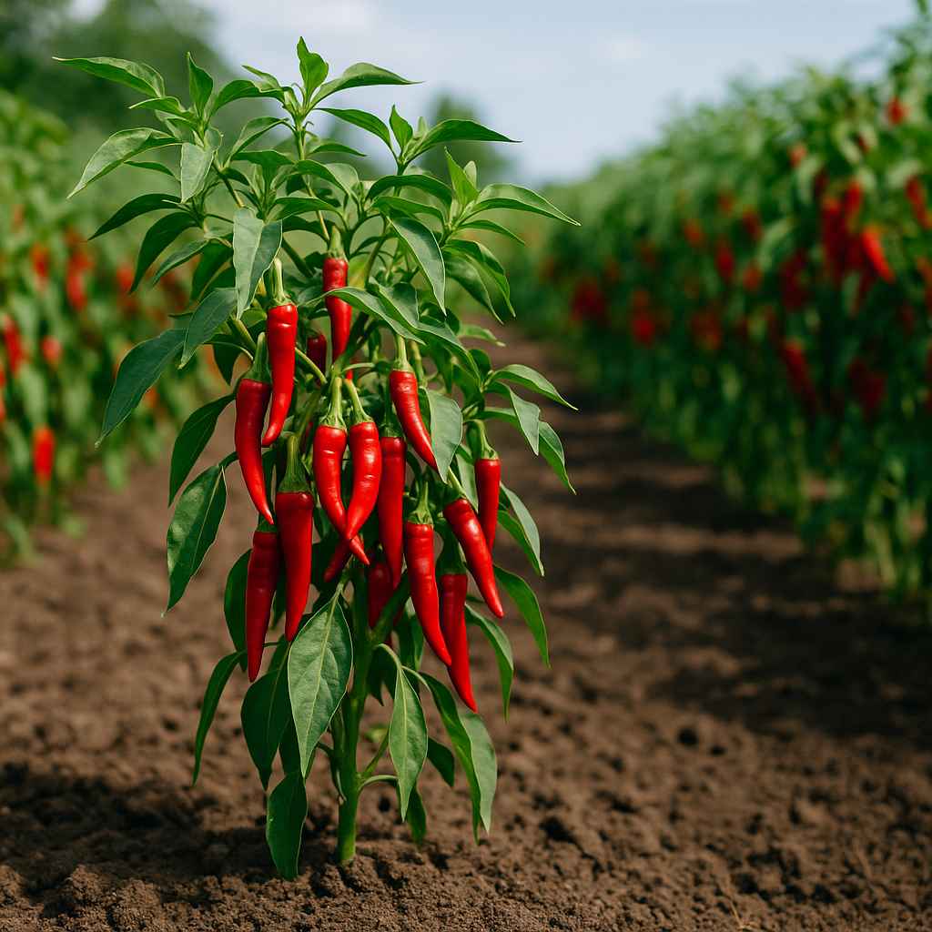 Champ de piment en Afrique avec des plants portant des fruits rouges mûrs