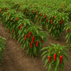 Plantation de piments rouges et verts en Afrique, rangées alignées sur un sol fertile