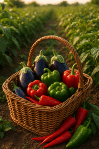 Panier en osier rempli d’aubergines, de poivrons rouges et verts, et de piments, posé dans un champ cultivé au coucher du soleil.