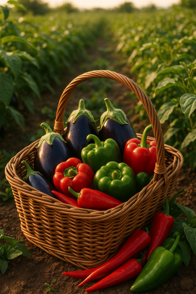 Panier en osier rempli d’aubergines, de poivrons rouges et verts, et de piments, posé dans un champ cultivé au coucher du soleil.