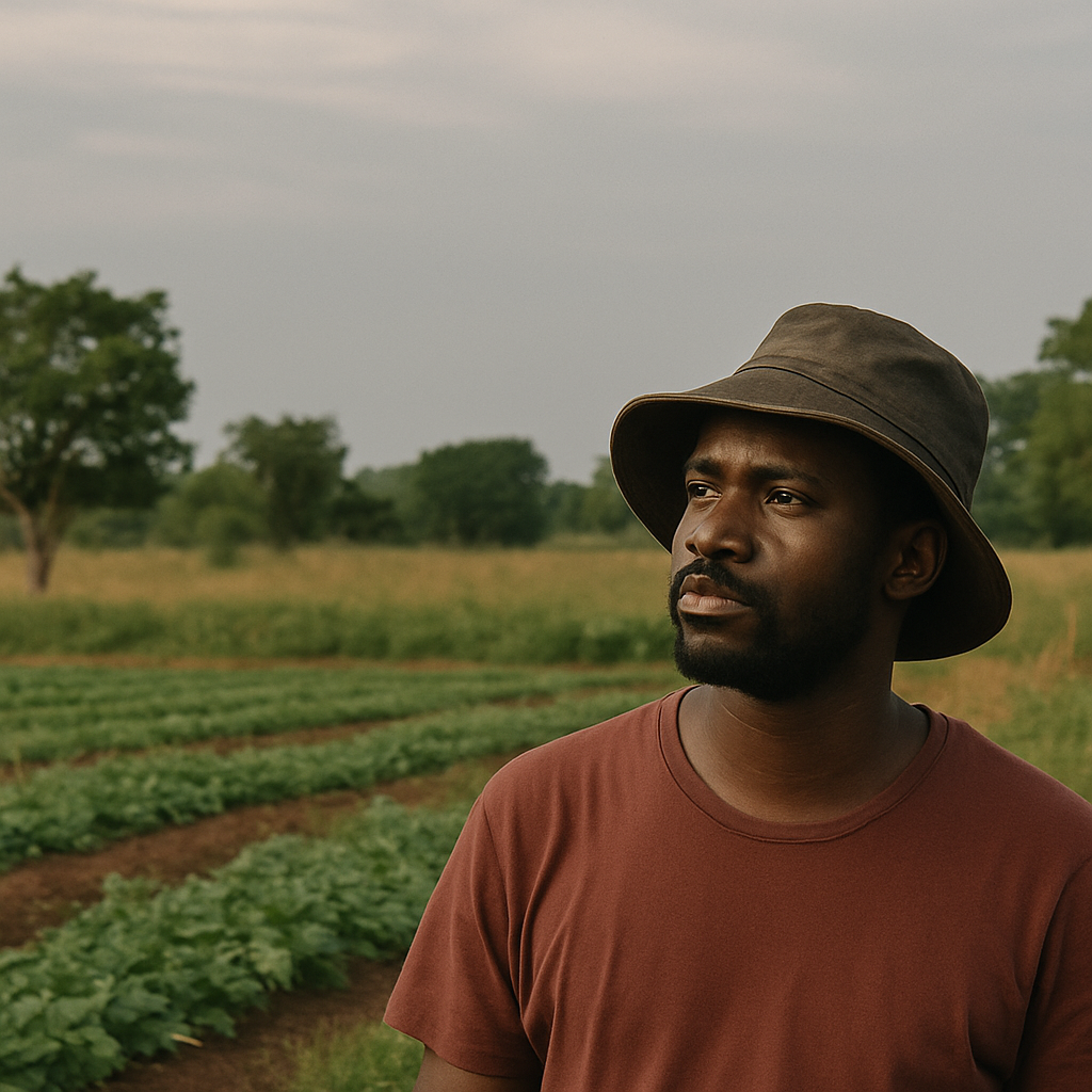 Portrait d’un homme africain à chapeau debout dans un champ cultivé, regardant au loin avec une expression sérieuse, sous un ciel couvert.