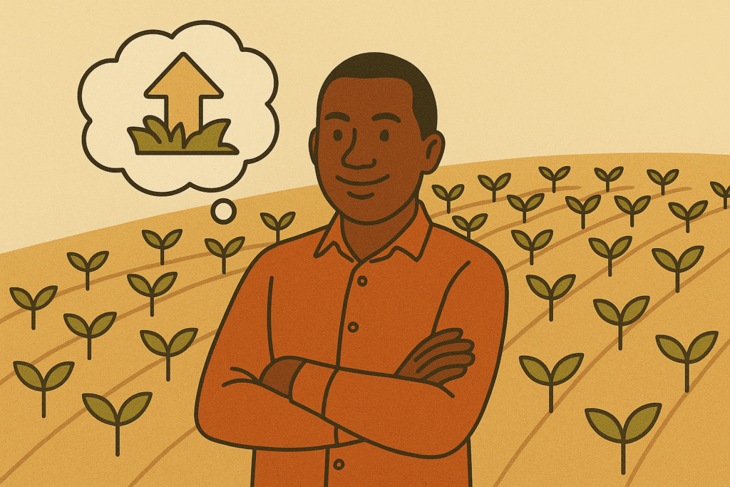 Illustration d’un homme africain souriant, bras croisés, debout dans un champ bien organisé de jeunes plants, avec une bulle de pensée illustrant la croissance, symbolisant la construction patiente d’un projet agricole