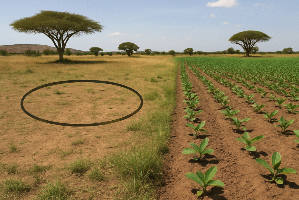 Photo d’un paysage africain montrant à gauche une terre inutilisée et à droite un champ cultivé, illustrant le contraste entre les terres disponibles et le potentiel agricole sous-exploité.