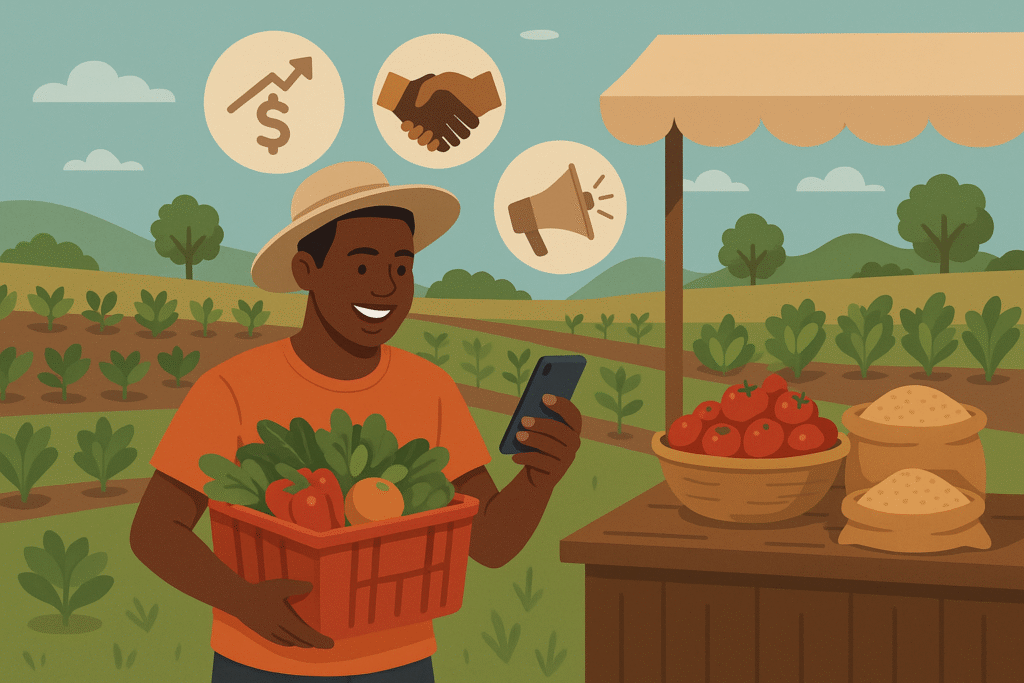 Jeune agriculteur africain souriant tenant une caisse de légumes frais sur son exploitation, prêt à vendre sa production sur le marché local.