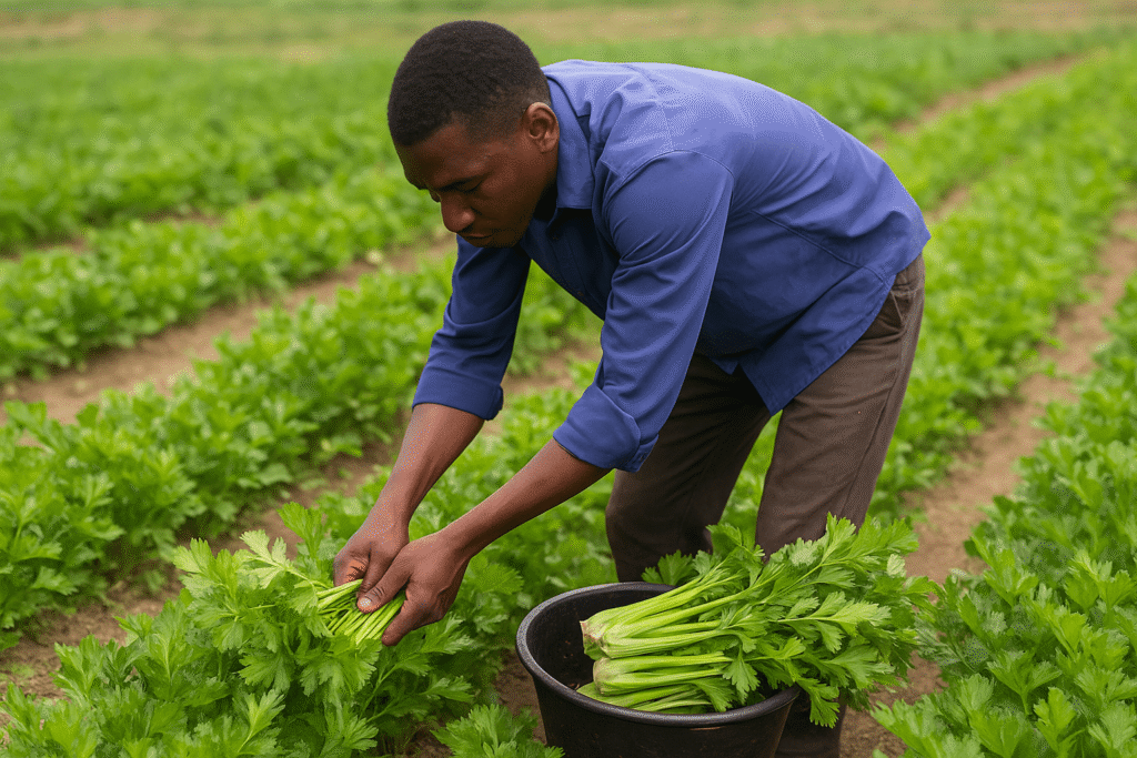 Un agriculteur africain penché dans un champ en train de récolter du céleri