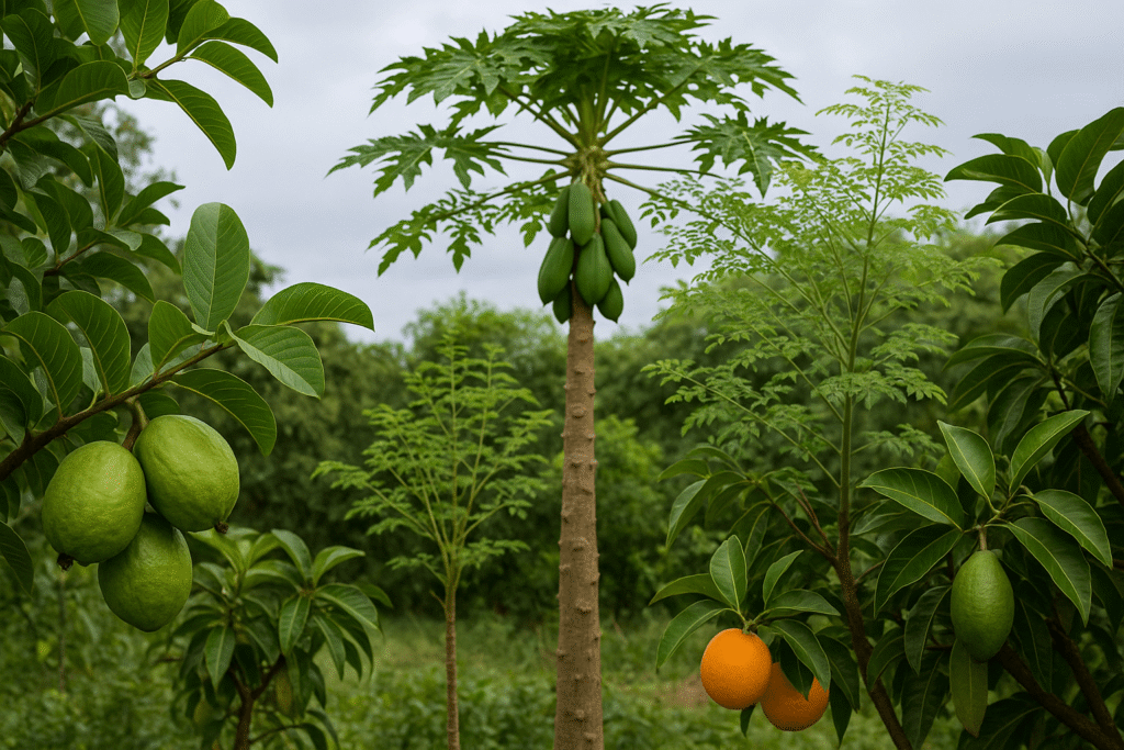 Une plantation en Afrique avec des papayers, des goyaviers thaïlandais, des orangiers et des moringas